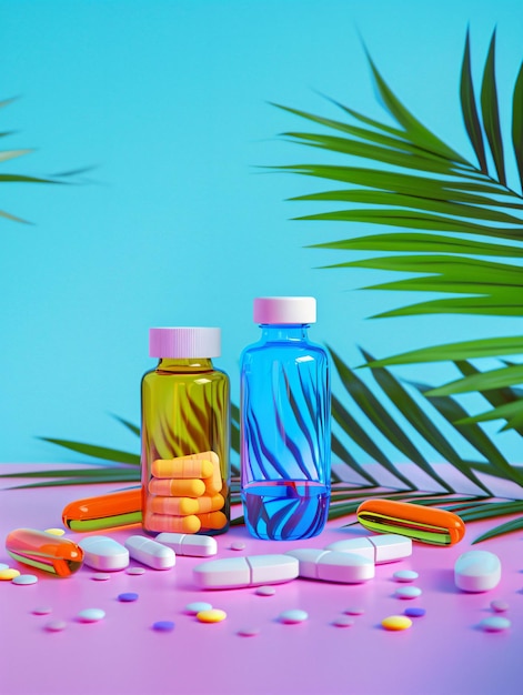 Two pill bottles and pills in front of a palm leaf