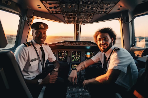 Two pilots looking at the camera in the cockpit of an airliner at sunset are a team of skilled professionals responsible for safely flying the aircraft during the evening hours Generative AI