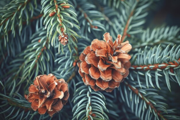 Two pine cones are on a tree branch