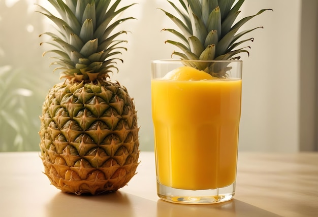 two pineapples are next to a glass of orange juice