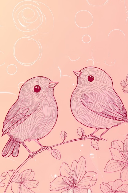 Photo two pink birds on a branch with flowers and bubbles