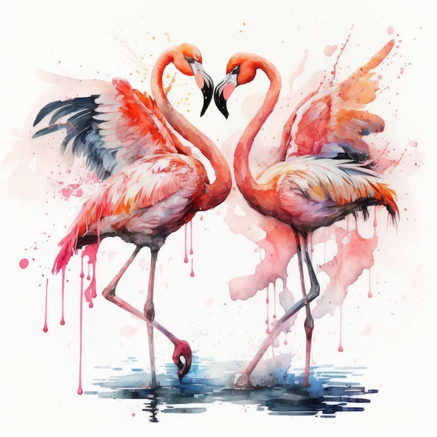 Two Pink Dancing Flamingo Illustration AI Generative