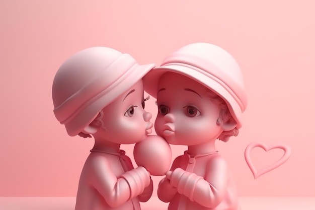 Two pink dolls with heart shaped lollipops on a pink background