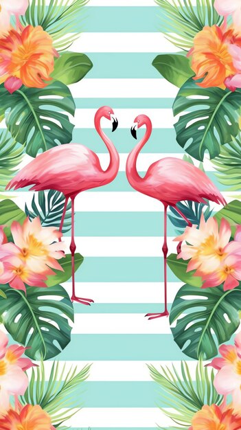 Photo two pink flamingos standing in a green and white striped background