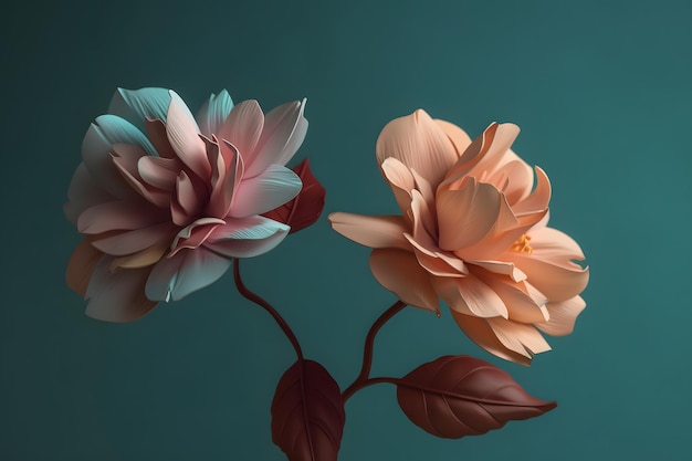 Two pink flowers depicted in a simple style with light beige and orange colors Generative AI