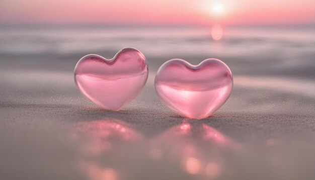 two pink hearts are on the beach and the sunset is reflected in the glass