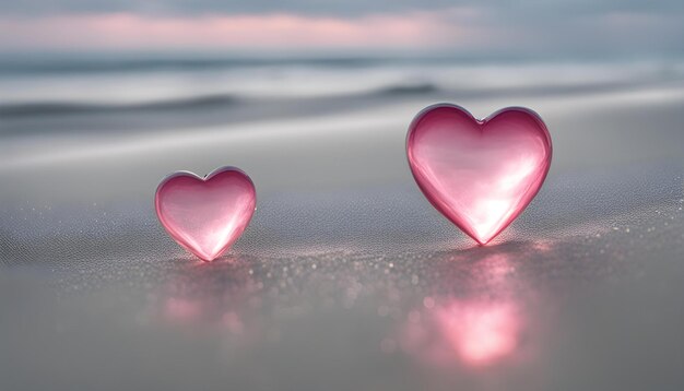 two pink hearts are placed on the beach one of which is pink