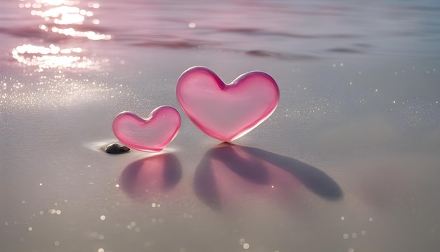 two pink hearts are placed on the beach