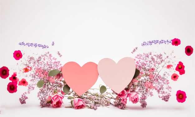 Two pink hearts and flowers. Background in light color. Valentine's Mother's Women's Day