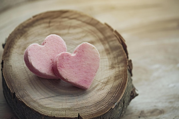 Two pink heartshaped cookies on a wooden background Valentines Day