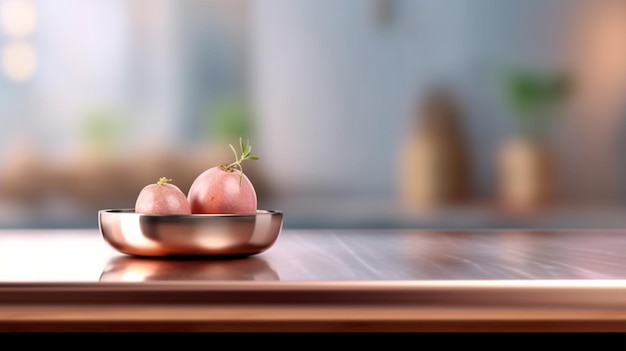 Two pink pomegranates on a silver bowl on a wooden table