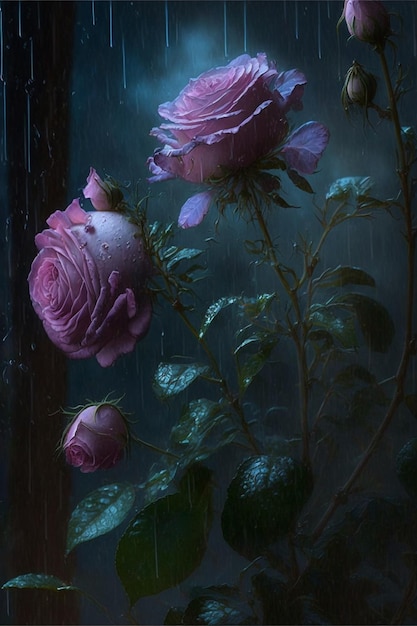 Two pink roses sitting next to each other in the rain generative ai