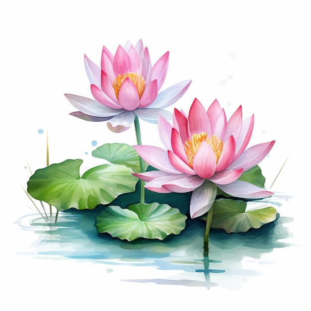 Two pink water lilies with leaves watercolor style on white background