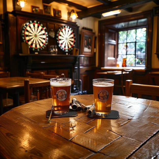 Photo two pints of beer on a wooden table in a pub