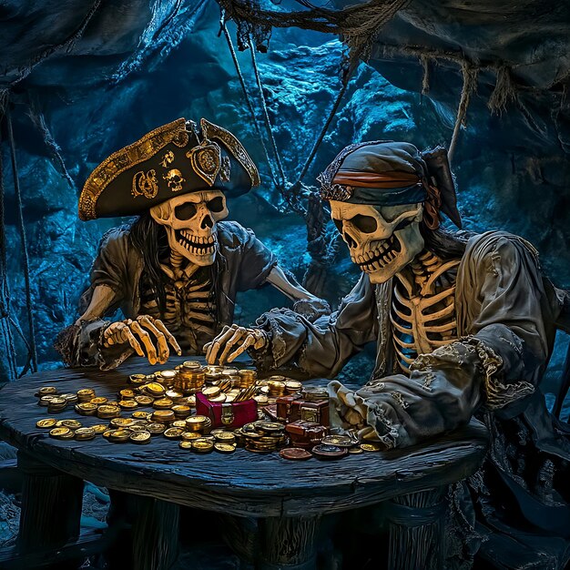 Photo two pirate skeletons dividing treasure in a dark cave