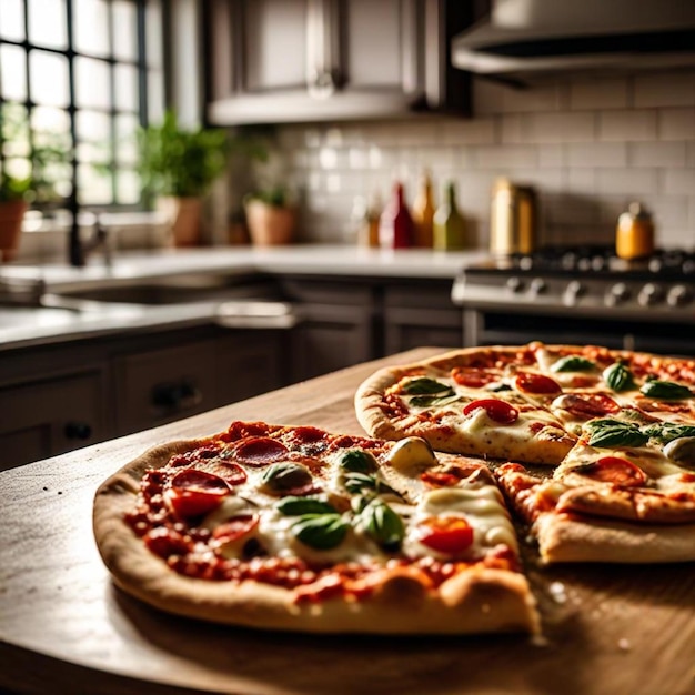 two pizzas are on a wooden table one of which has a green leaf on it