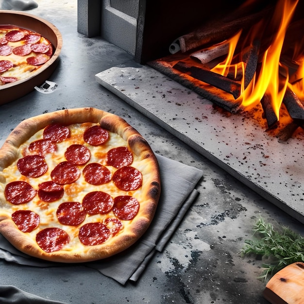 Two pizzas next to a fire with a pizza on it.