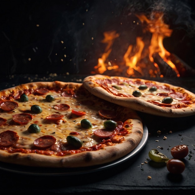 two pizzas on a table with a fire behind them