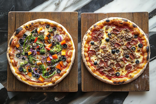 Photo two pizzas with different toppings on them one of which has the word meat on it