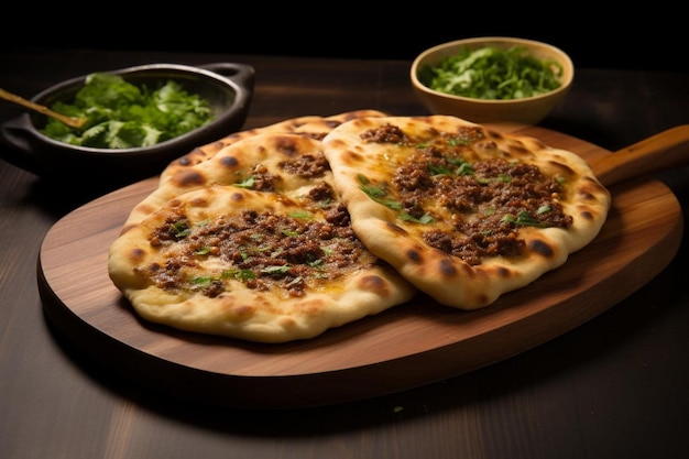 two pizzas on a wooden tray with a bowl of broccoli