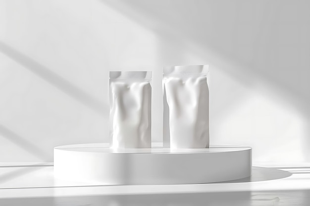 Two plain white food or drink pouches on a podium against a white background