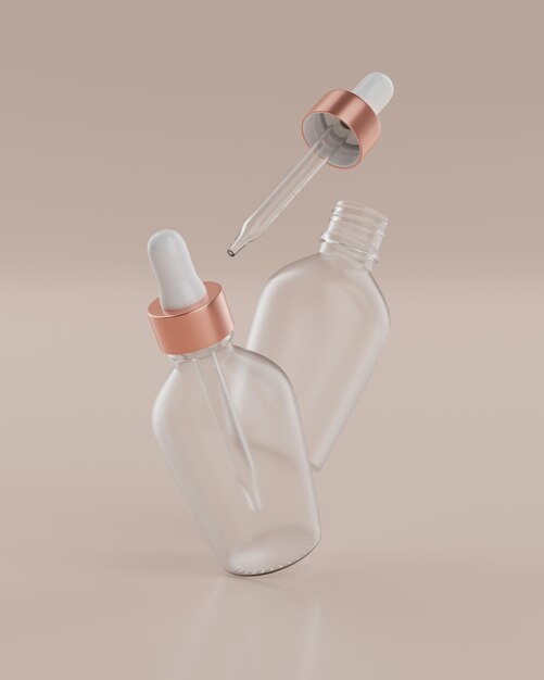 The two plain white and rose gold packaging pipette bottles of serum products for mockup