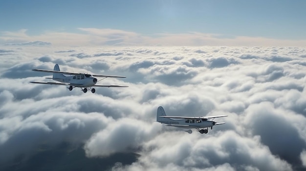 Two planes flying above the clouds with the words " the word " on the side. "