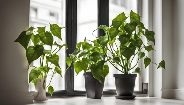 two plants on a windowsill one of which has a plant in it