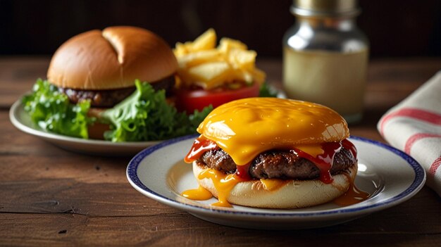 Photo two plates of cheeseburgers with fries and a burger on the table