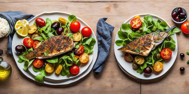 Two plates of food with grilled chicken on them, one of which is a salad with tomatoes and other food.