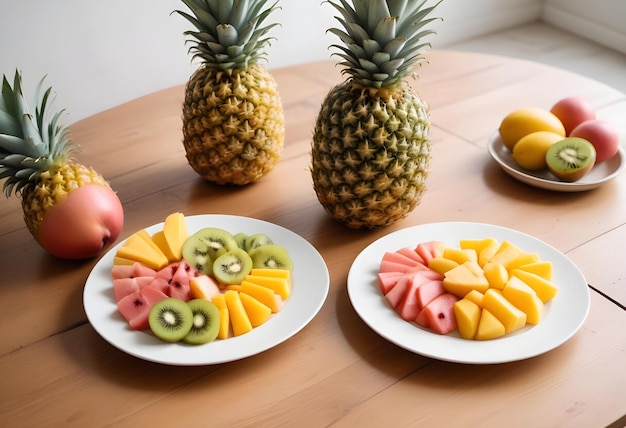 two plates of fruit including one that has the word kiwi on it