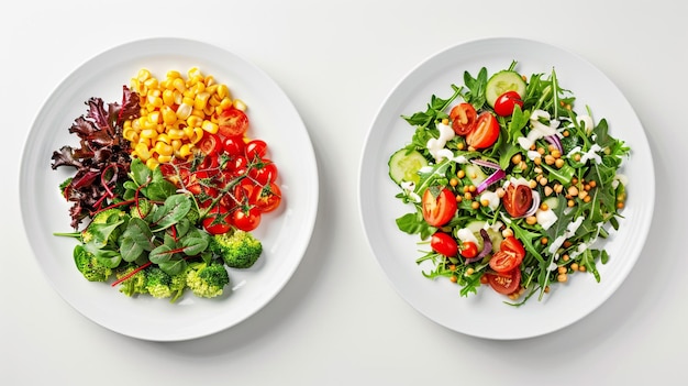 two plates of salads with vegetables and a salad on them