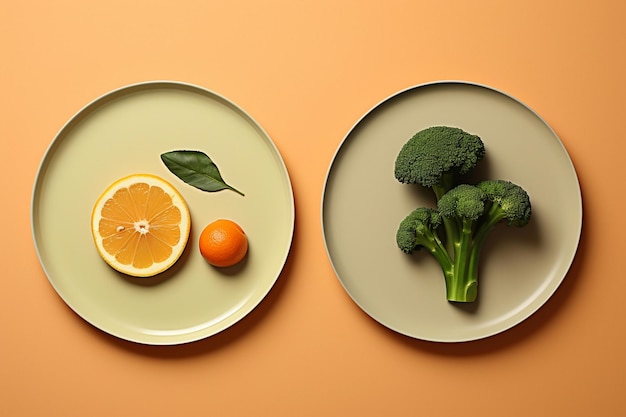 Two plates with broccoli and oranges on them.