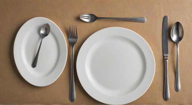 two plates with spoons and a fork on a table