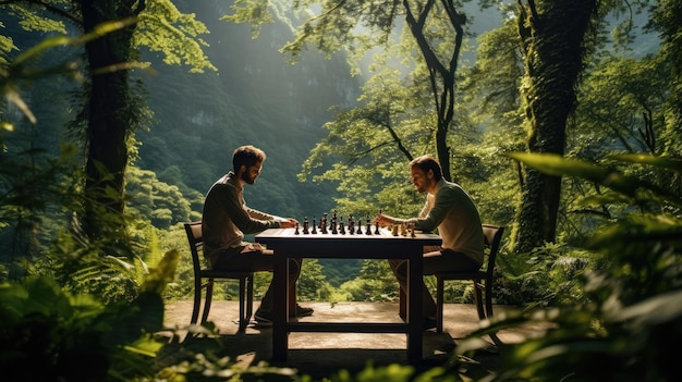 Two players engage in spirited chess game outdoors