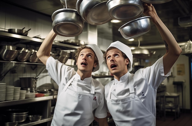 Two playful chefs posing with hanging pots in a busy kitchen showing their fun side