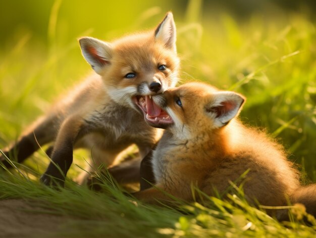 Two playful fox cubs interacting in lush green grass during golden hour