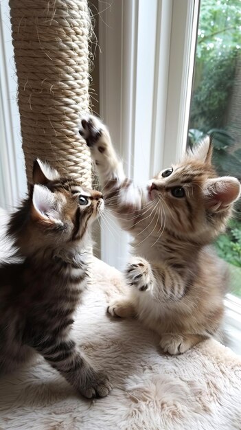 Photo two playful kittens engaging with a scratching post in a sunny room with large windows and soft surfaces