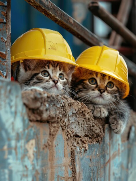 Photo two playful kittens peeking over a wall