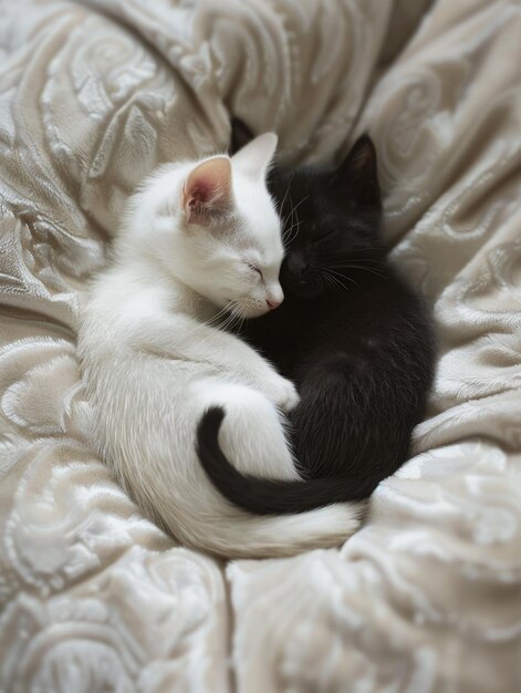 Photo two playful kittens snuggle up together on a soft bed great for family or petthemed projects