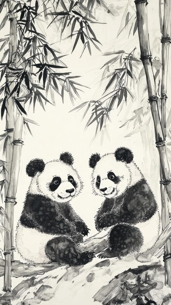 Photo two playful pandas in bamboo grove charming ink and wash painting