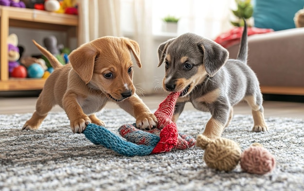 Photo two playful puppies tugging on a colorful rope toy in a cozy living room setting during daylight