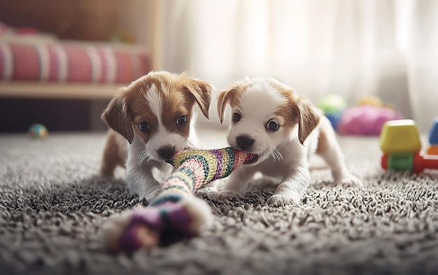 Two playful puppies tugging on a colorful toy in a cozy living room filled with toys during the afternoon