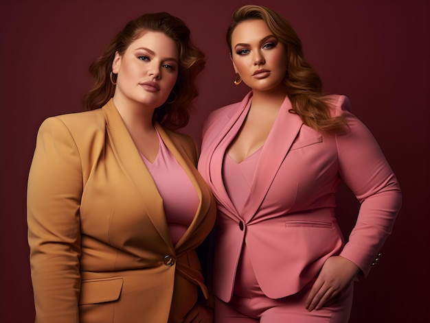 two plus size women in pink suit pose together