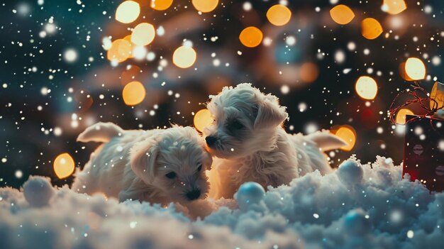 two polar bears are laying in the snow one of them has a christmas tree in the background