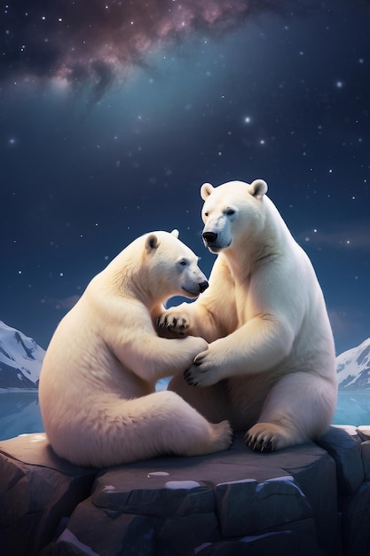 two polar bears are sitting on a ledge one of them has a star - filled sky behind them