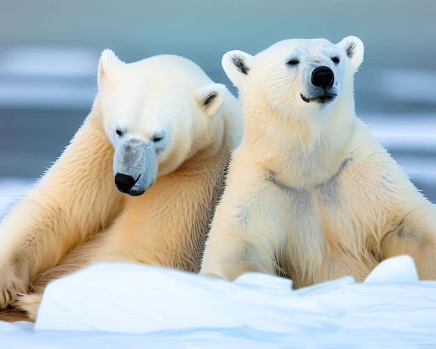 Two polar bears are sitting in the snow.