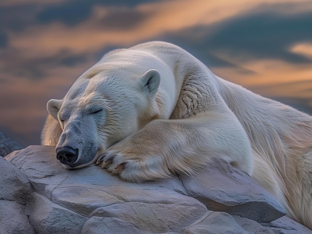 two polar bears sleeping on a rock with the sun behind them