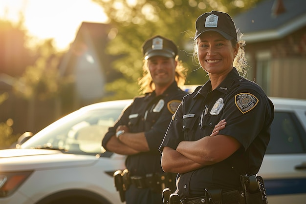 Photo two police officers are standing in front of a car