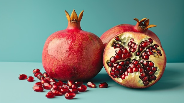 Photo two pomegranates and a pomegranate are laying on a table